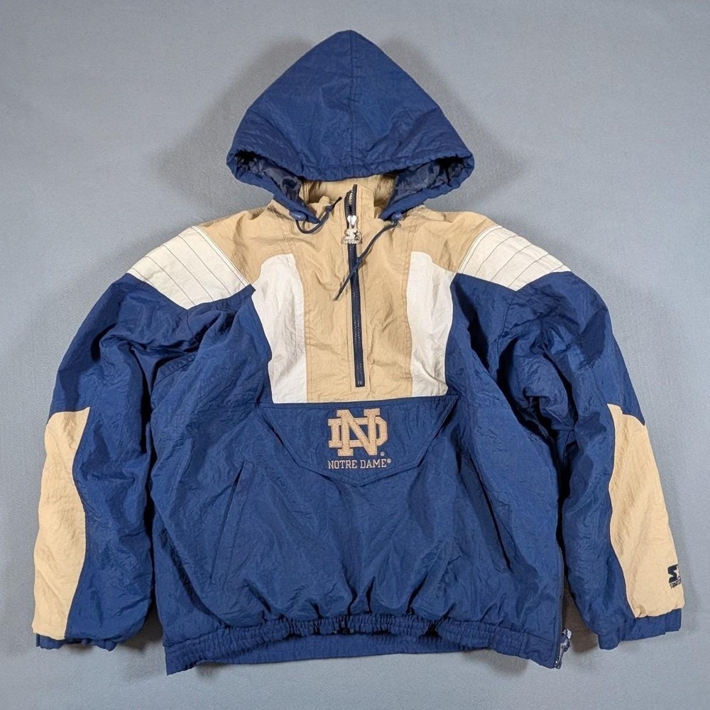 Vintage Starter Notre Dame Fighting Irish Jacket Mens Large 1/2 Zip Navy Gold